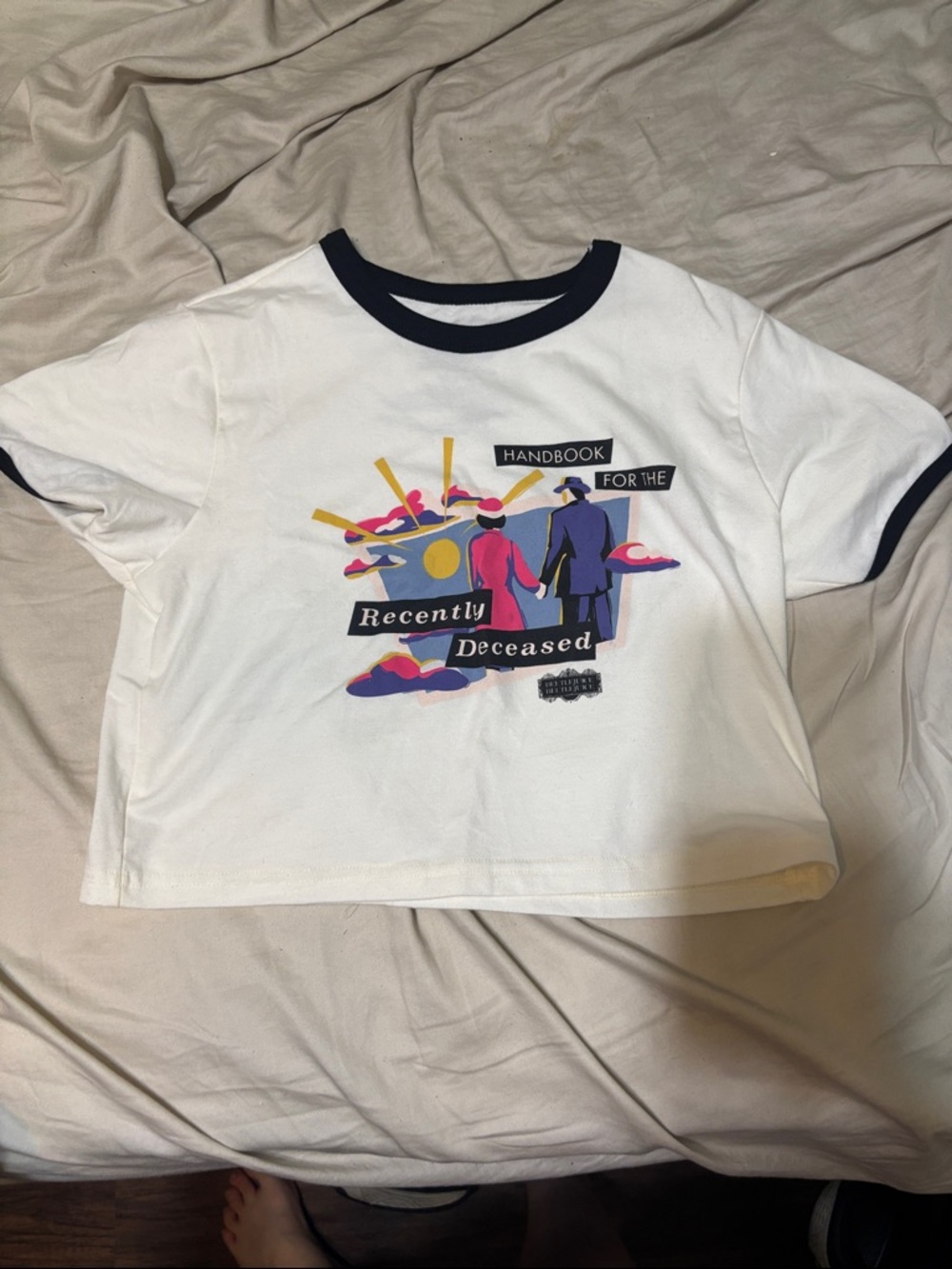 Hot Topic White Crop Ringer Tee with Navy Trim and Multicolor Graphic